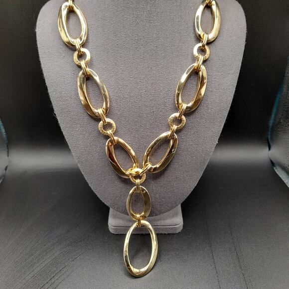 Chico's Golden Link Necklace, Brown Twisted Leather Cord, 25 Inches - Picture 2 of 12